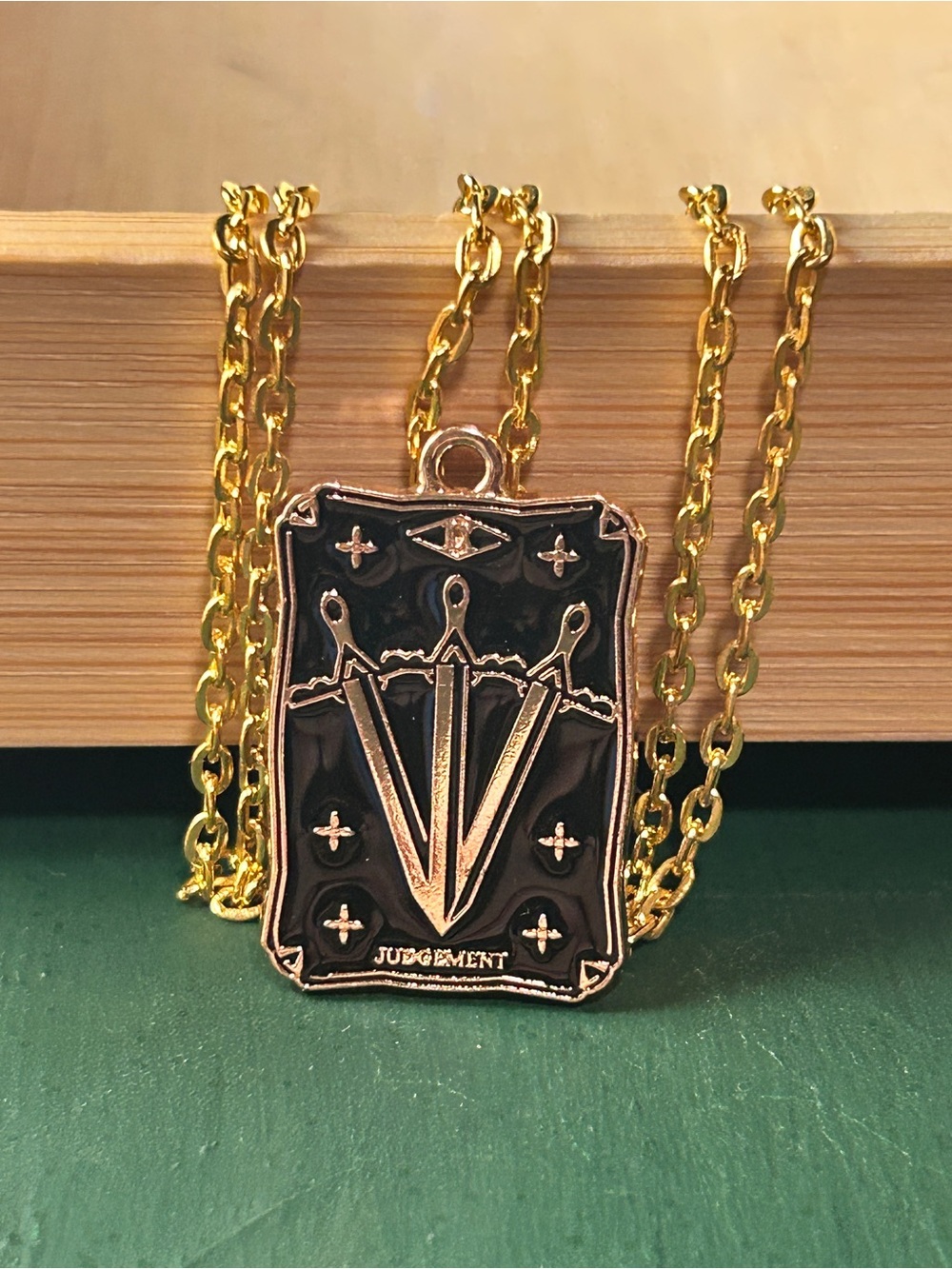 Gold-tone 'Judgement' Tarot Card Pendant Necklace - Black Enamel